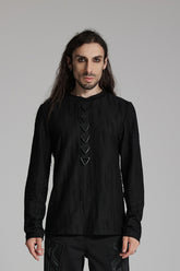 Black Round Collar Long Sleeves Triangle Buckle Men's Punk T-Shirt